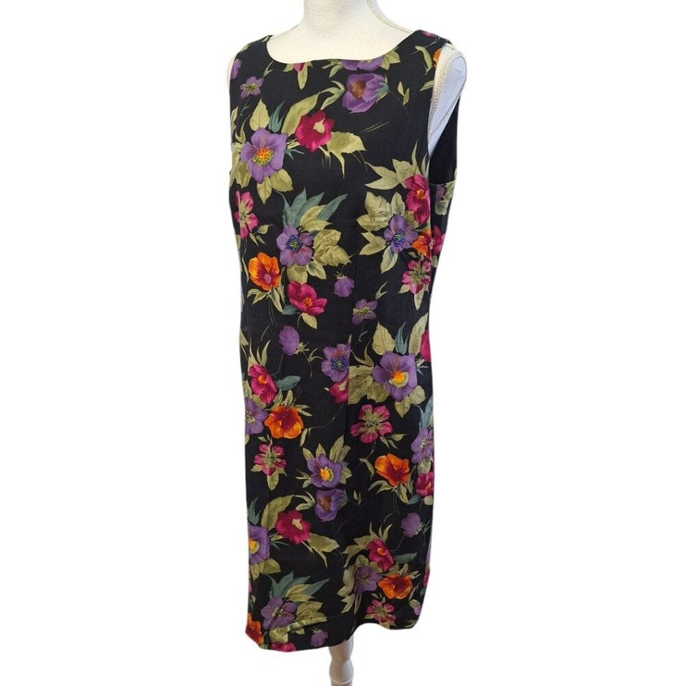 Jessica Howard Linen Beaded Floral‎ Dress Flowers Black Sleeveless Womens 14